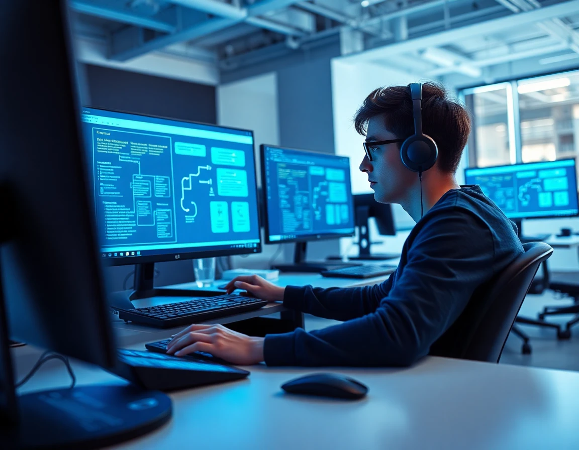Programmer coding HTML sitemap in modern tech workspace with multiple screens