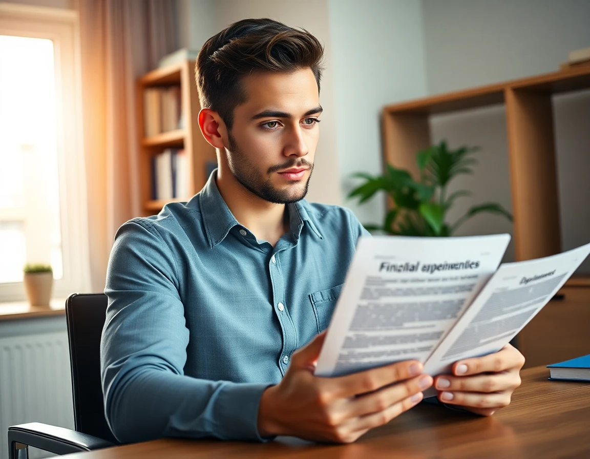 Young male investor reviewing financial documents in home office with disclaimers
