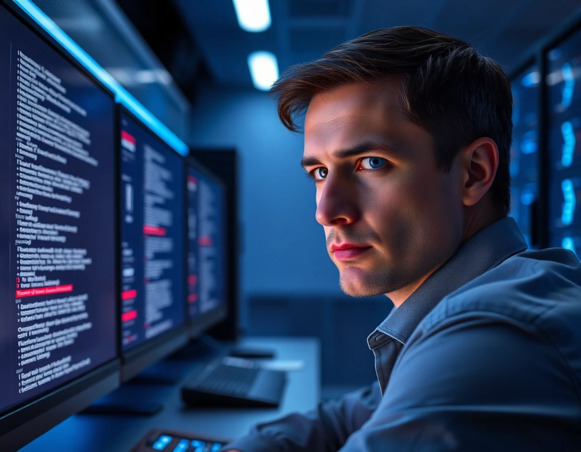 IT specialist working on content removal with code and redaction icons on monitors