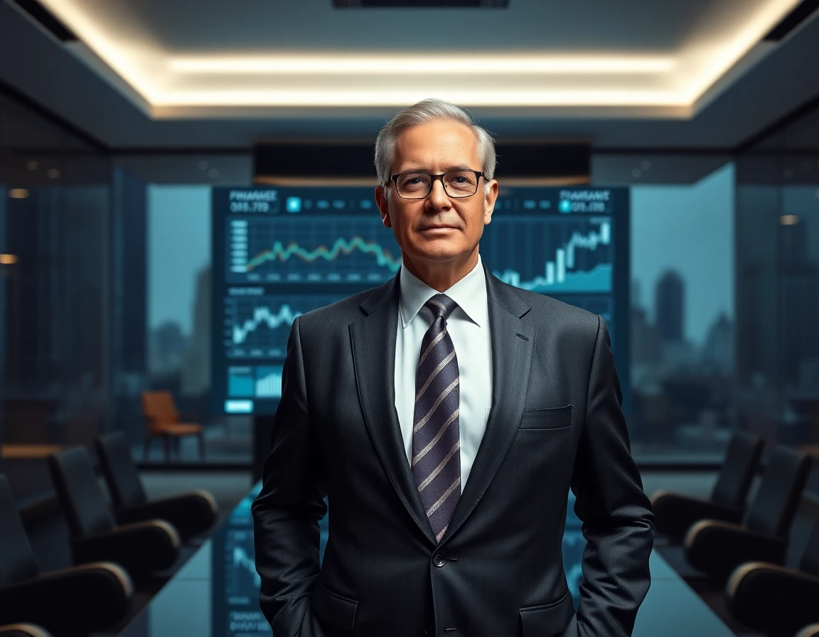 Confident businessman presenting financial data in modern conference room