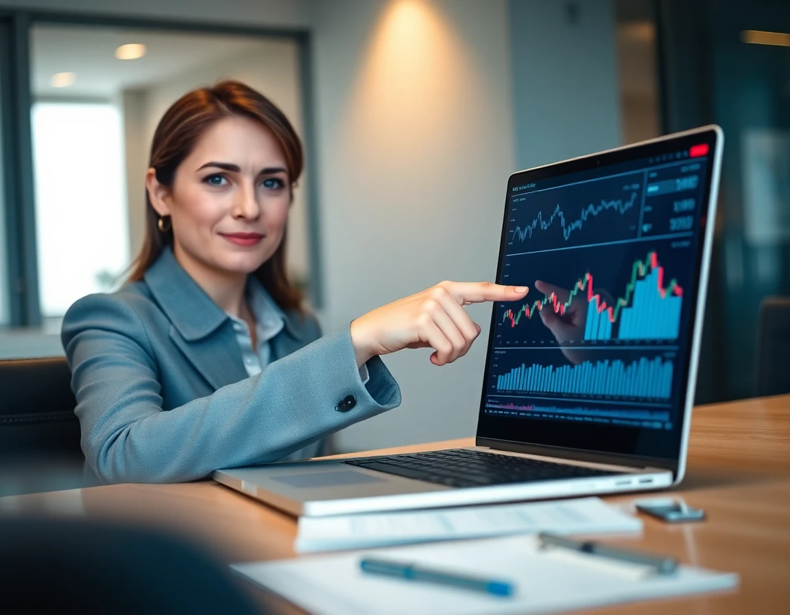 Close-up of a financial analyst pointing at digital graphs on her laptop in a modern office