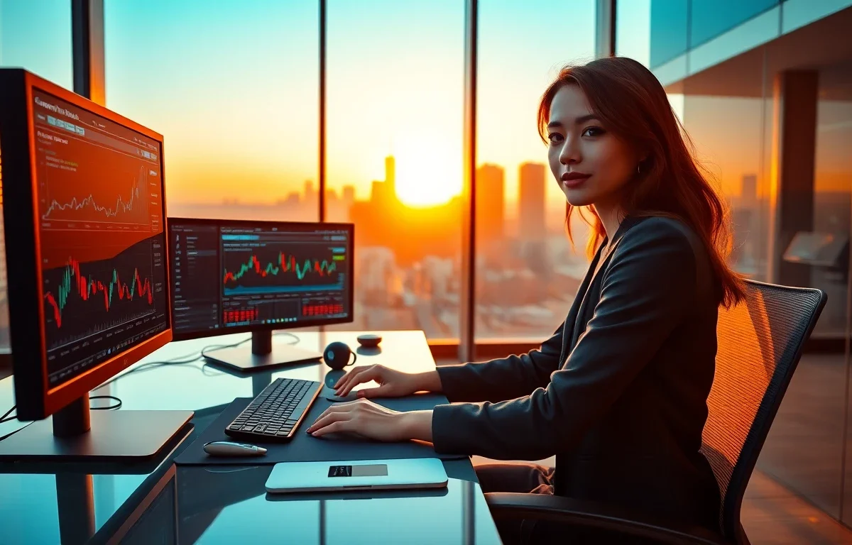 Cinematic wide banner of a professional woman in a high-tech financial office with city skyline at sunset