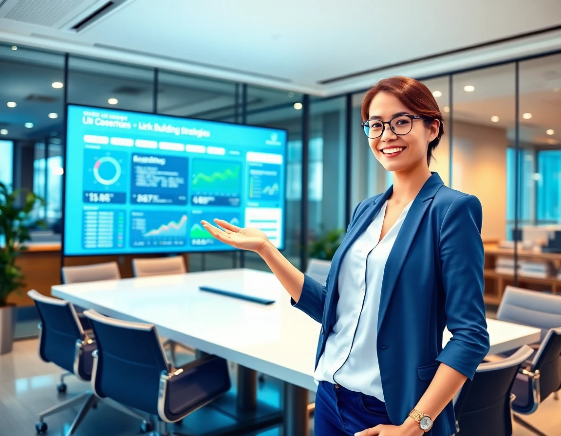 Digital marketing manager presenting link-building strategies in a modern conference room