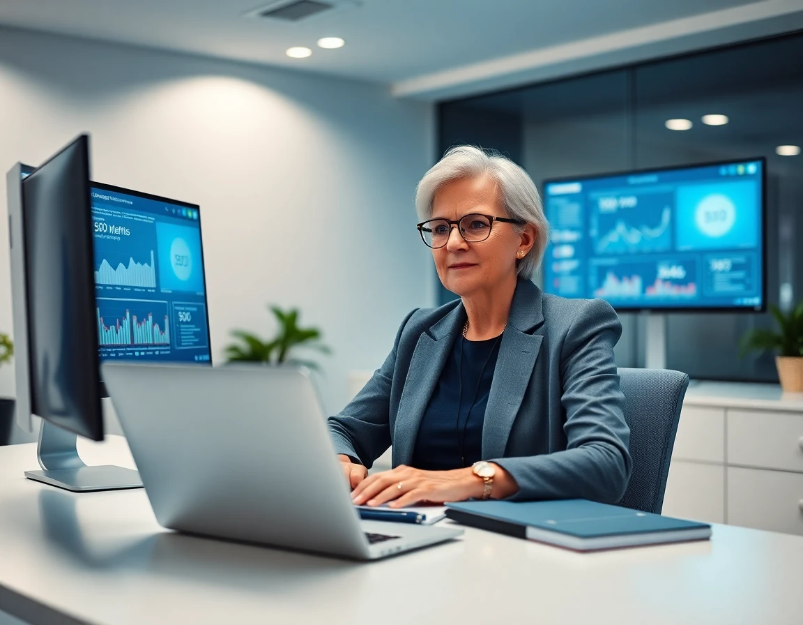 Senior SEO expert analyzing backlinks and SEO metrics on dual monitors in a modern office