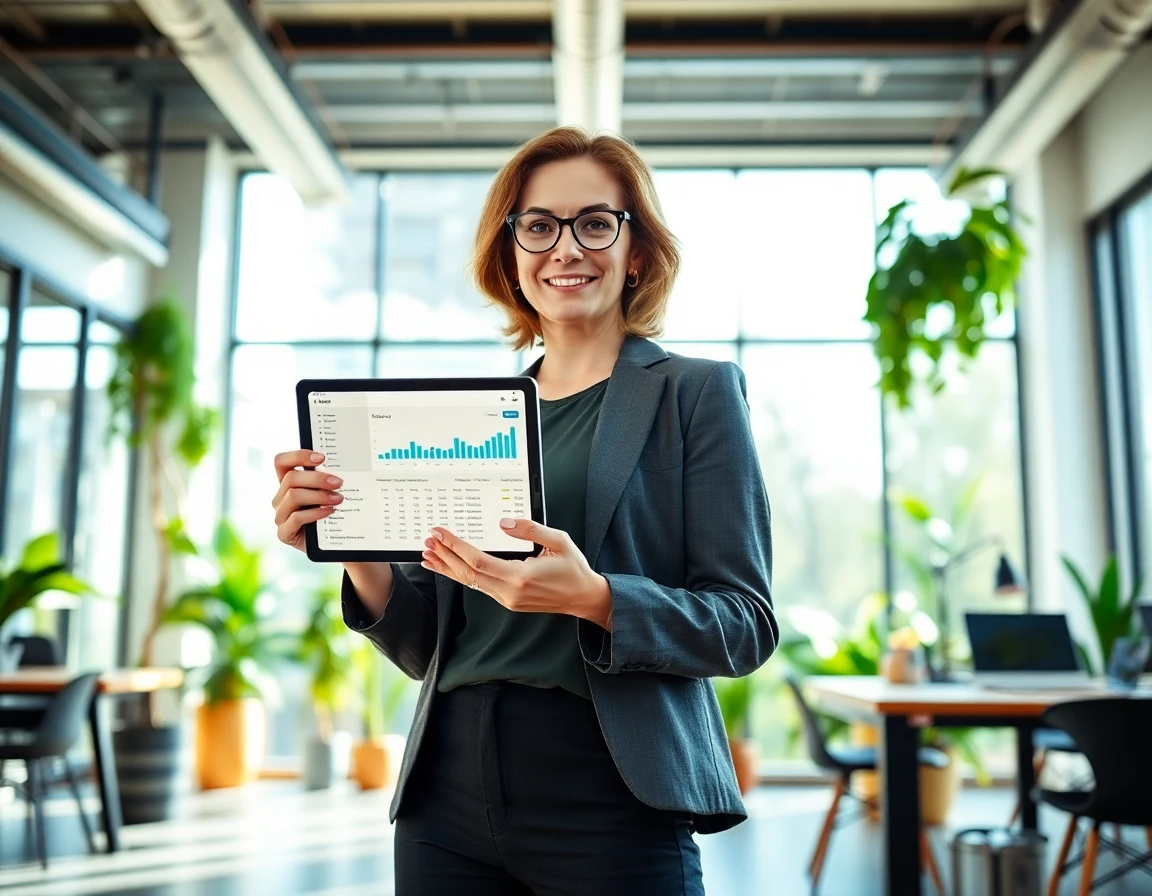 Confident woman with tablet analyzing link structures in a bright coworking space