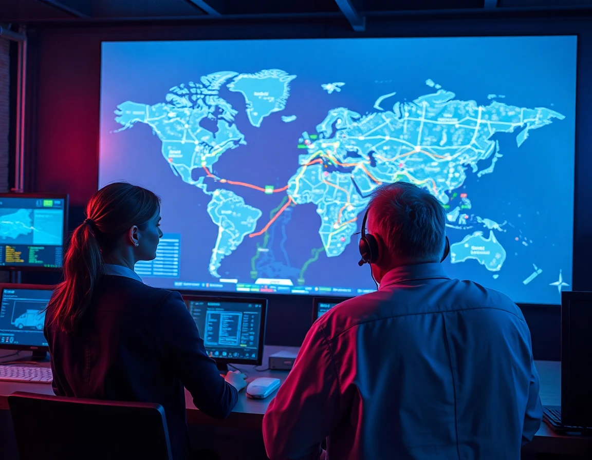 Team analyzing real-time delivery routes on digital map in control room