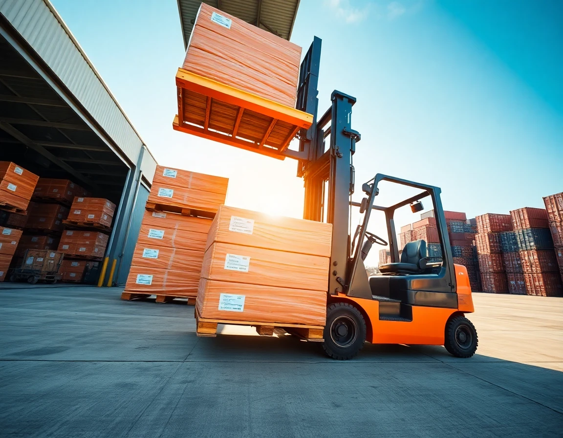 Forklift unloading pallets at a busy outdoor warehouse during bright daylight
