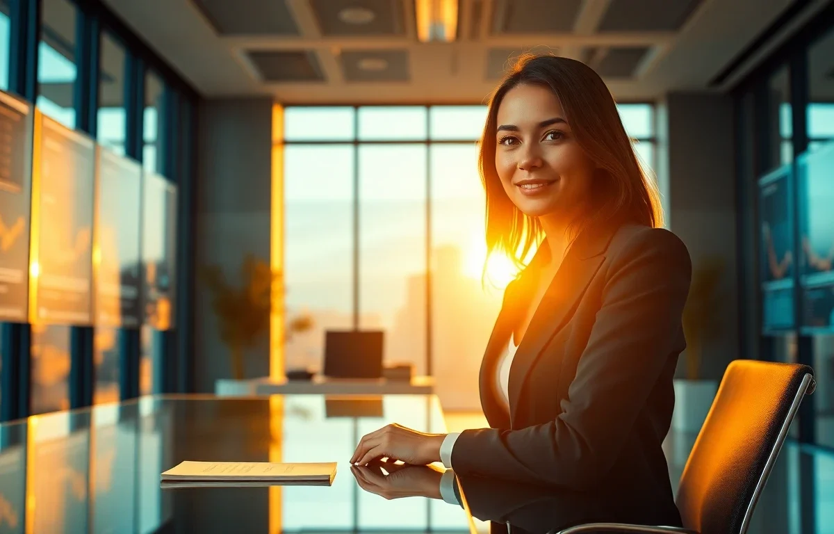 professional female executive in modern office with financial charts at sunset