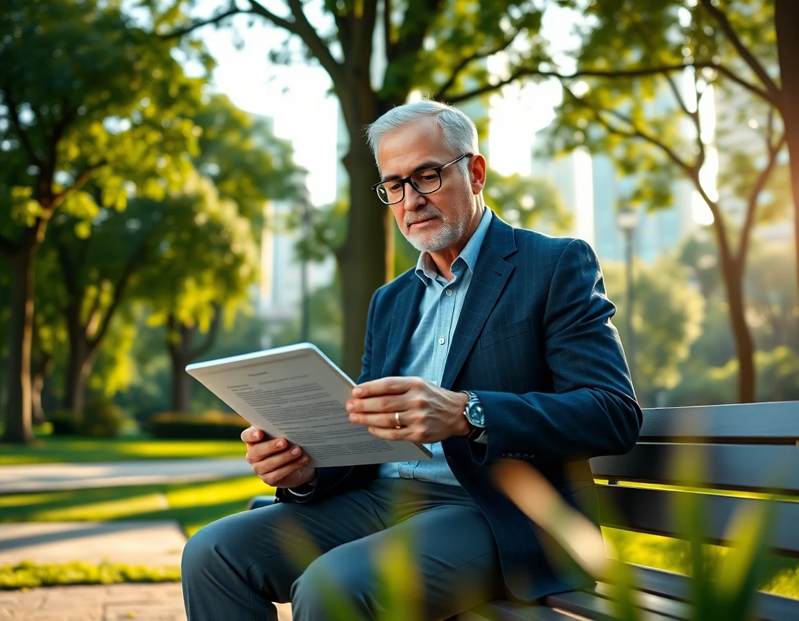 Senior finance expert reviewing disclaimers on tablet outdoors in city park