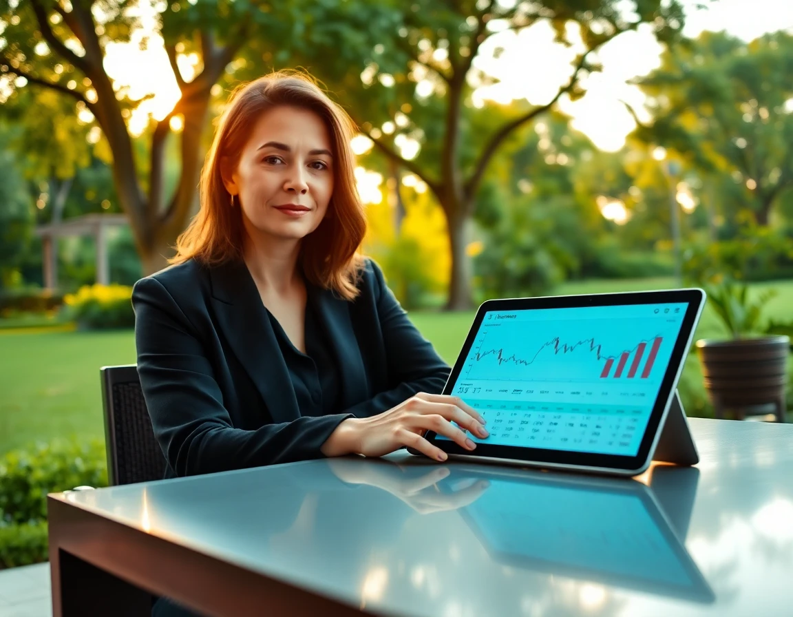 Professional woman reviewing financial data outdoors at sunrise in a peaceful environment