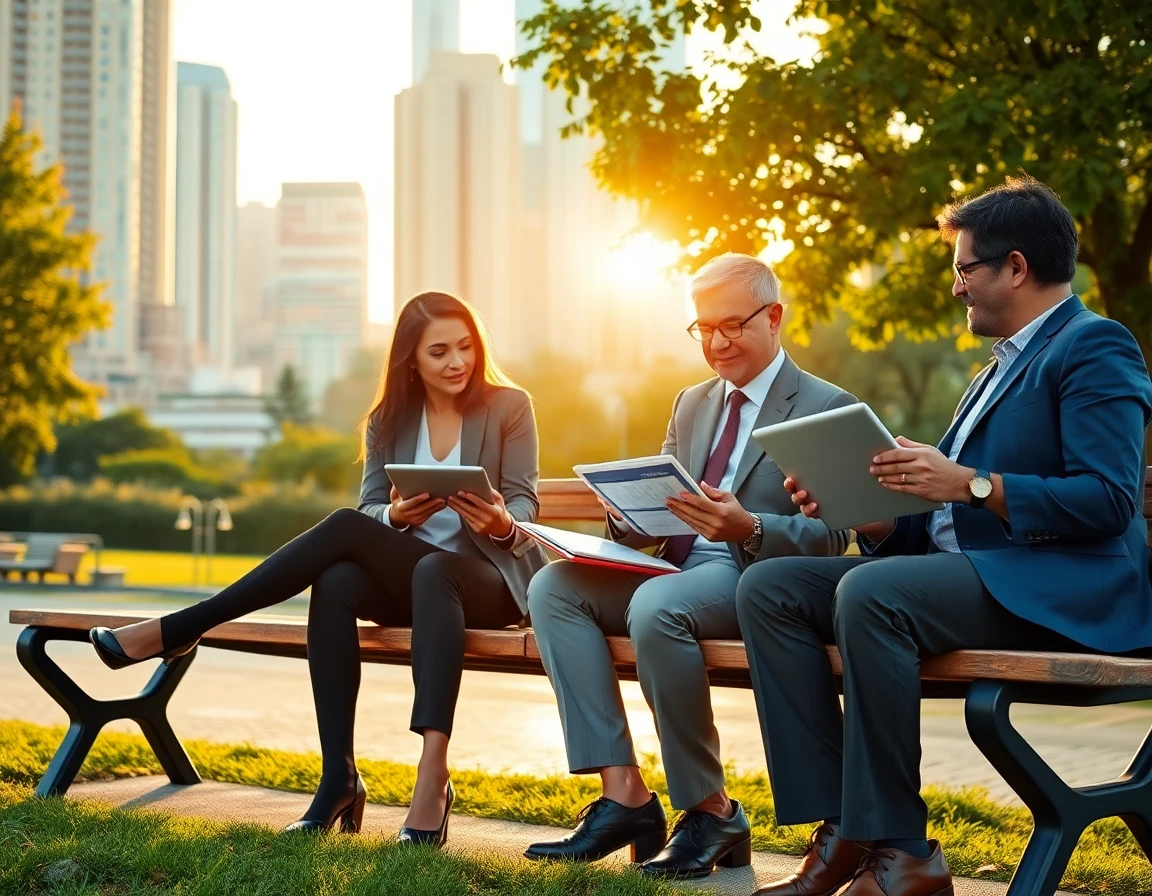 business professionals discussing finance outdoors in city park during golden hour