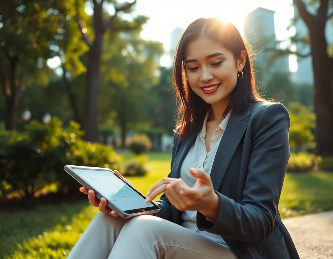 Young woman working on financial app outdoors in lush urban park