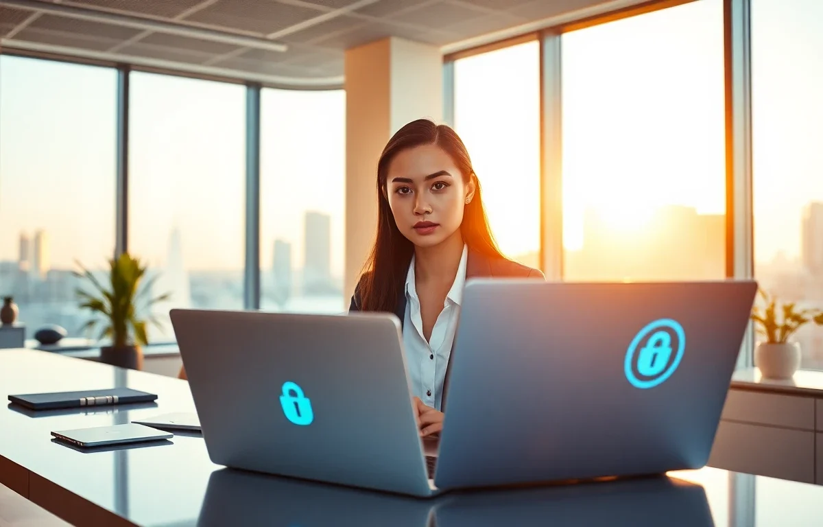 Professional woman in modern office with digital privacy icon and city view