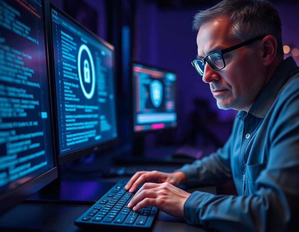 Cybersecurity expert analyzing encrypted data on monitor in dim workspace