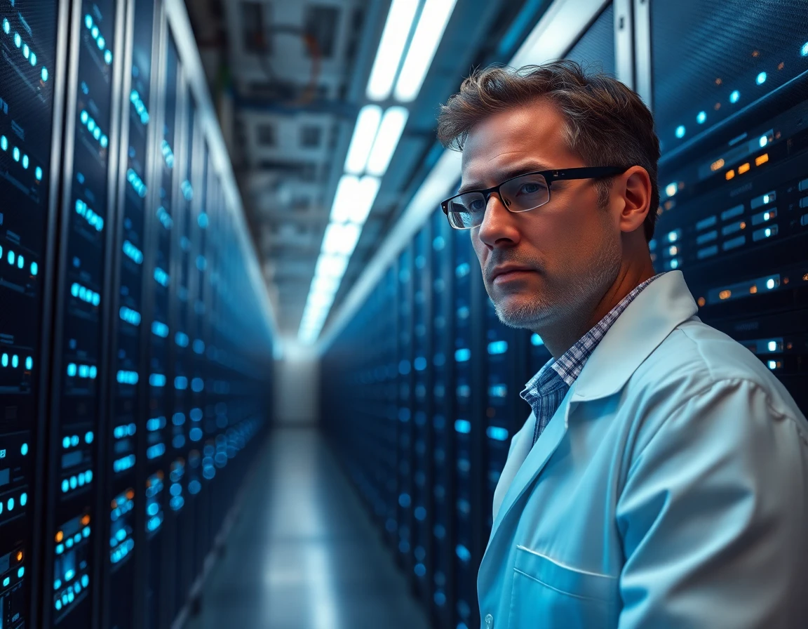 Technician inspecting high-security data center with servers