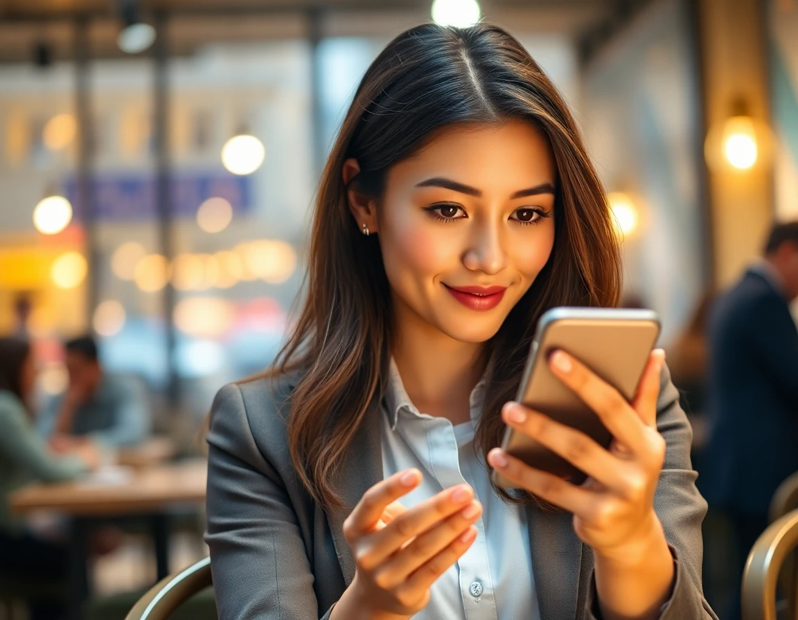 Young woman using biometric smartphone security in cozy cafe
