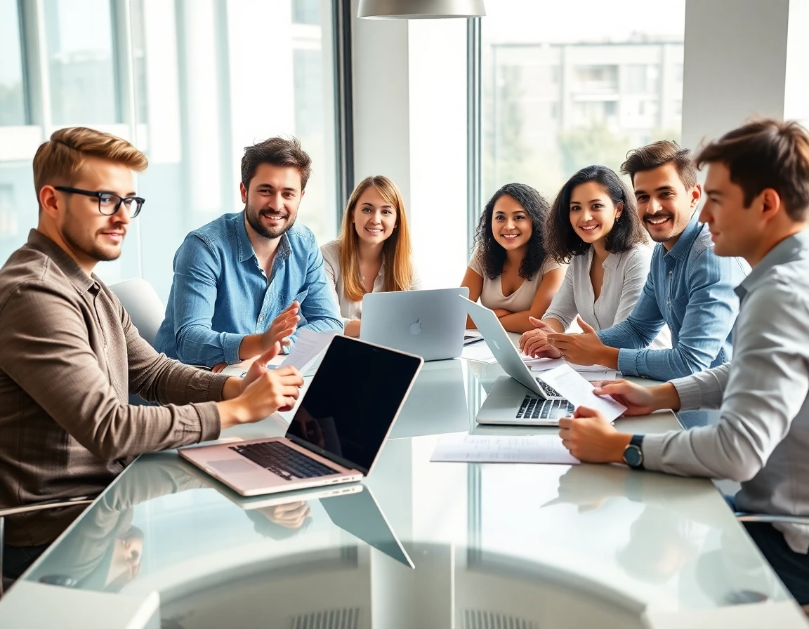 Diverse group discussing privacy policy in modern conference room