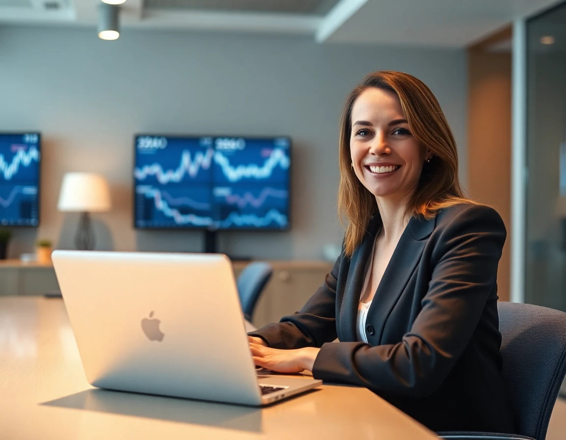 Close-up of professional woman using laptop for video call in modern office