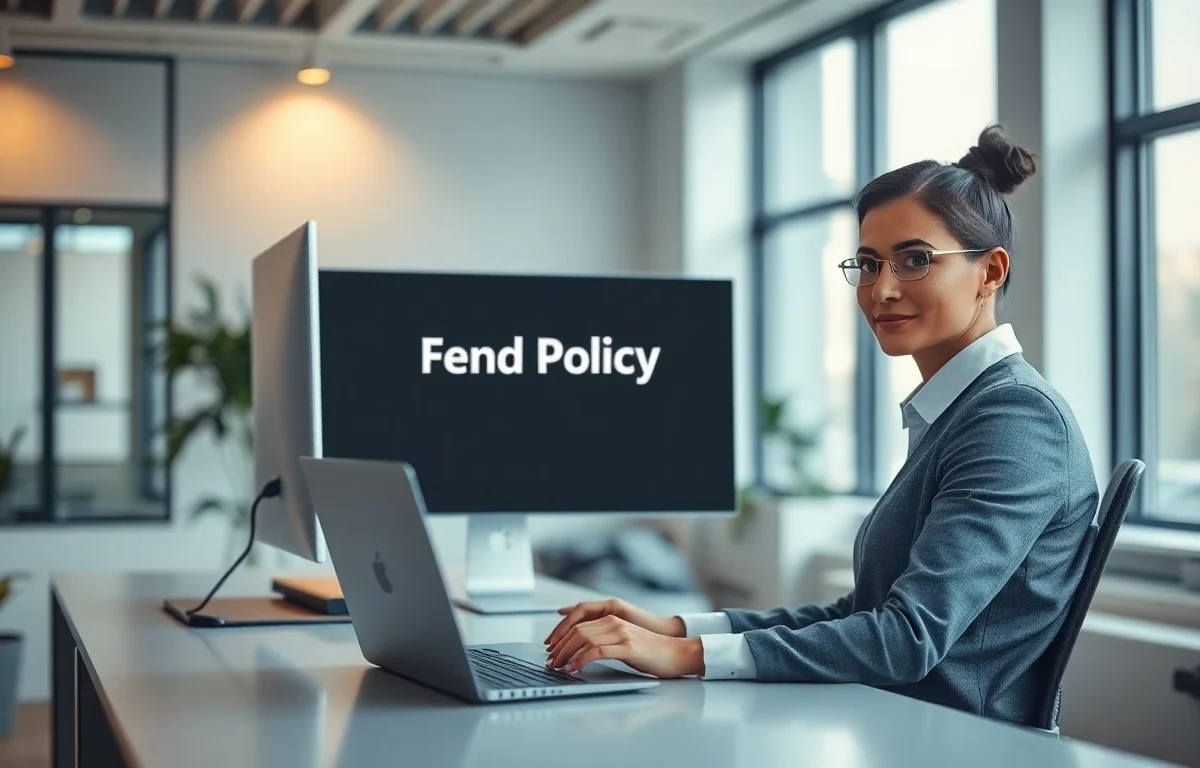 Professional customer service representative in modern office with refund policy on screen