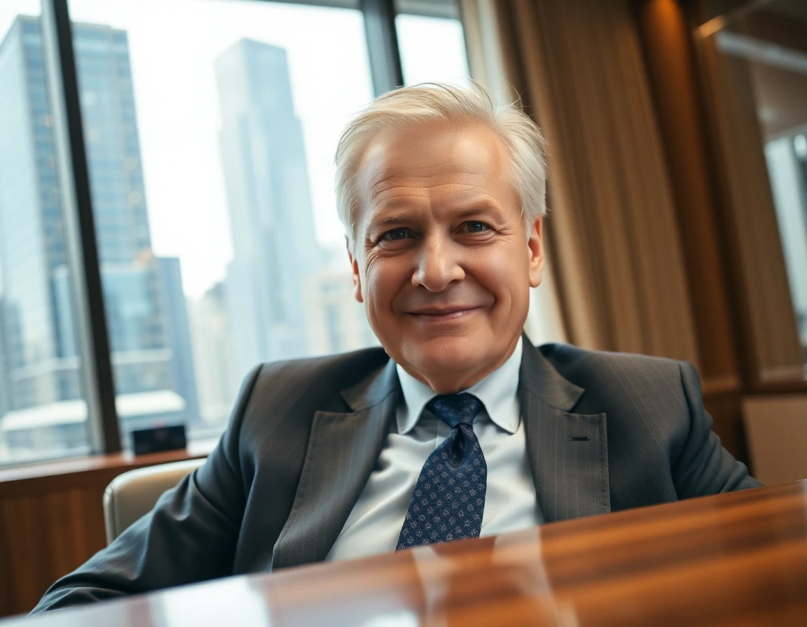senior banker in office with financial charts in background