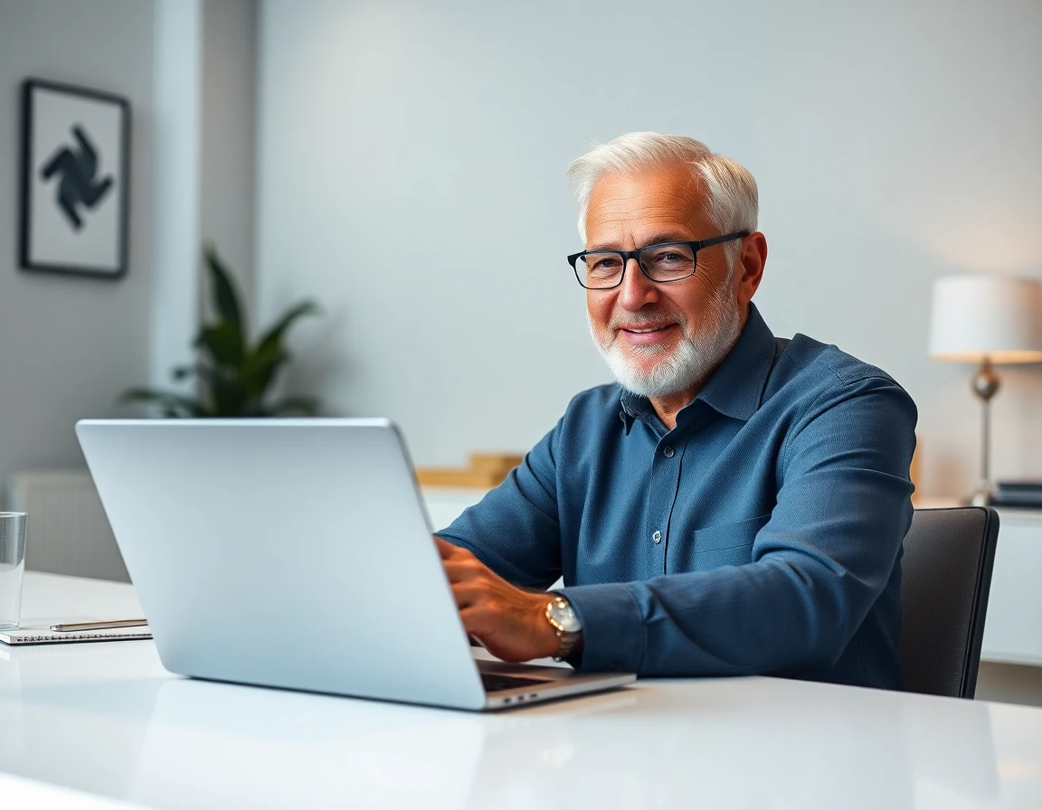 senior male client in office during video call for testimonials
