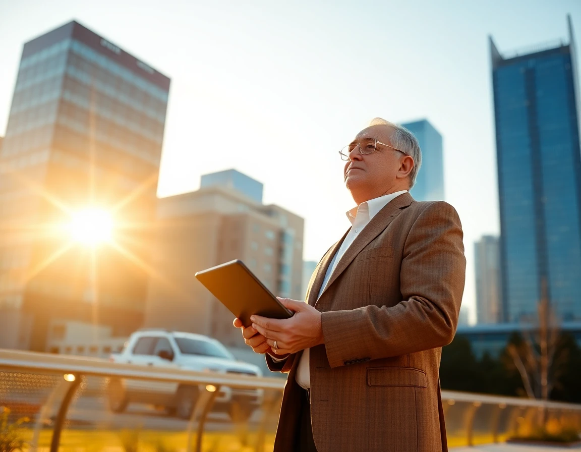 Senior financial advisor outdoors with cityscape background during golden hour