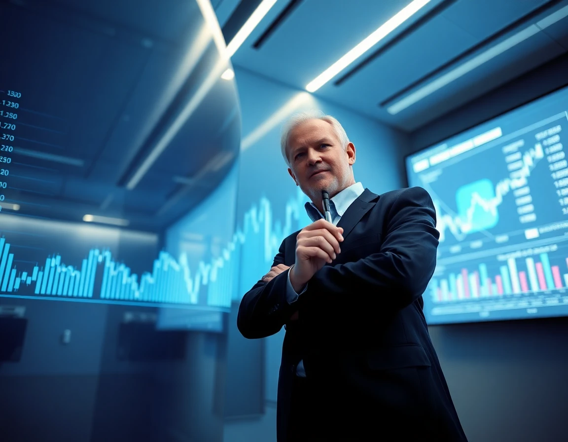 Senior male financial analyst presenting data on digital chart in modern office