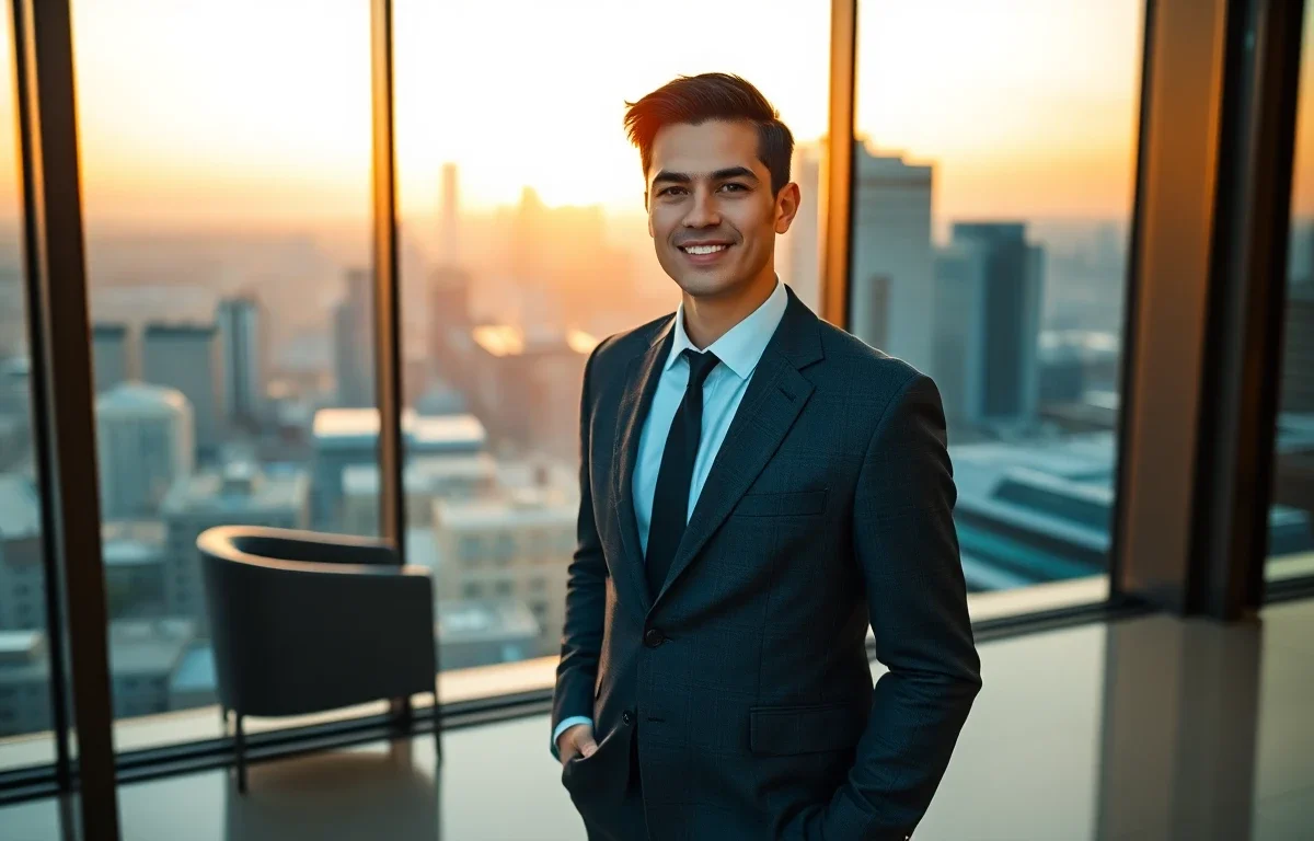 professional financial advisor in modern office with city skyline at sunset