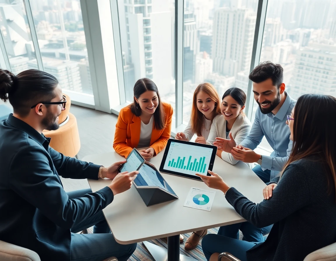 diverse team collaborating on financial data in modern co-working space