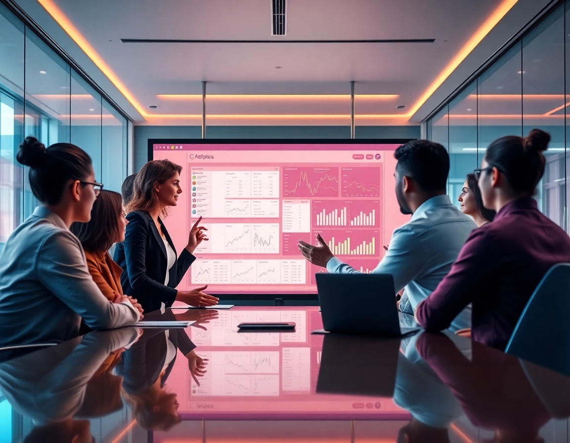 Diverse team collaborating over financial data in a modern conference room