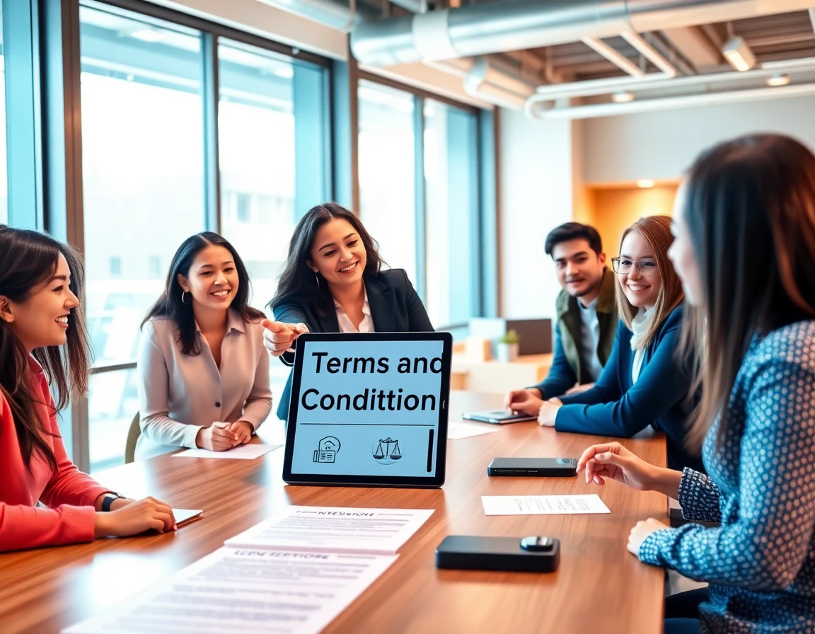 Diverse professionals collaborating around a table discussing terms and conditions digitally