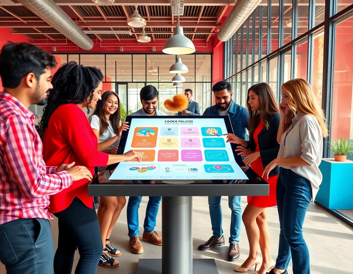 Team of professionals collaborating around touchscreen display about cookie policies