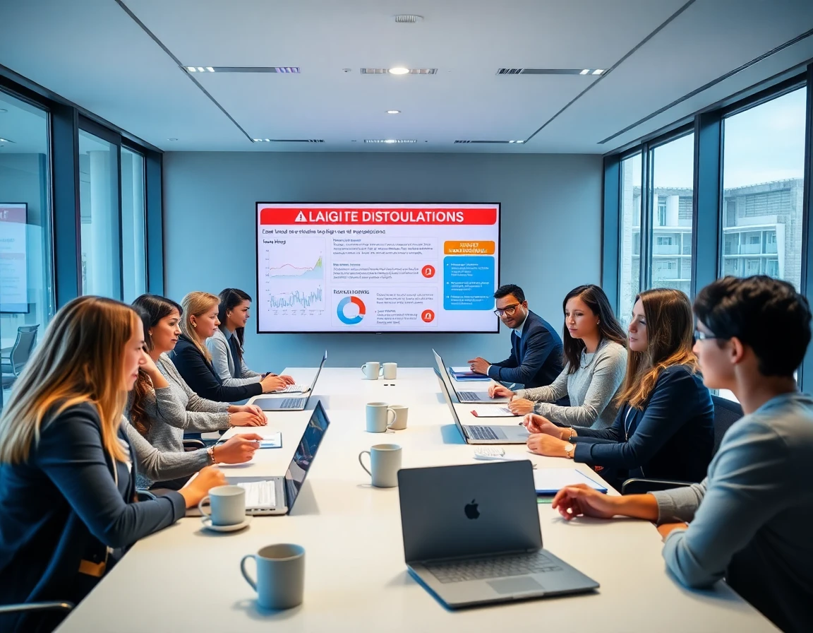 Group of professionals discussing financial disclaimers in modern conference room