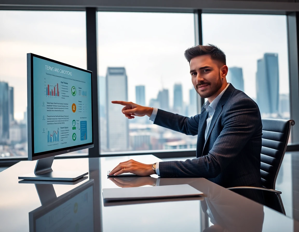 Financial analyst discussing terms and conditions on digital screen in high-tech conference room