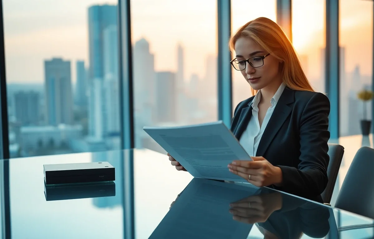 Cinematic wide banner of a professional woman reviewing digital legal documents in a modern office for finance site
