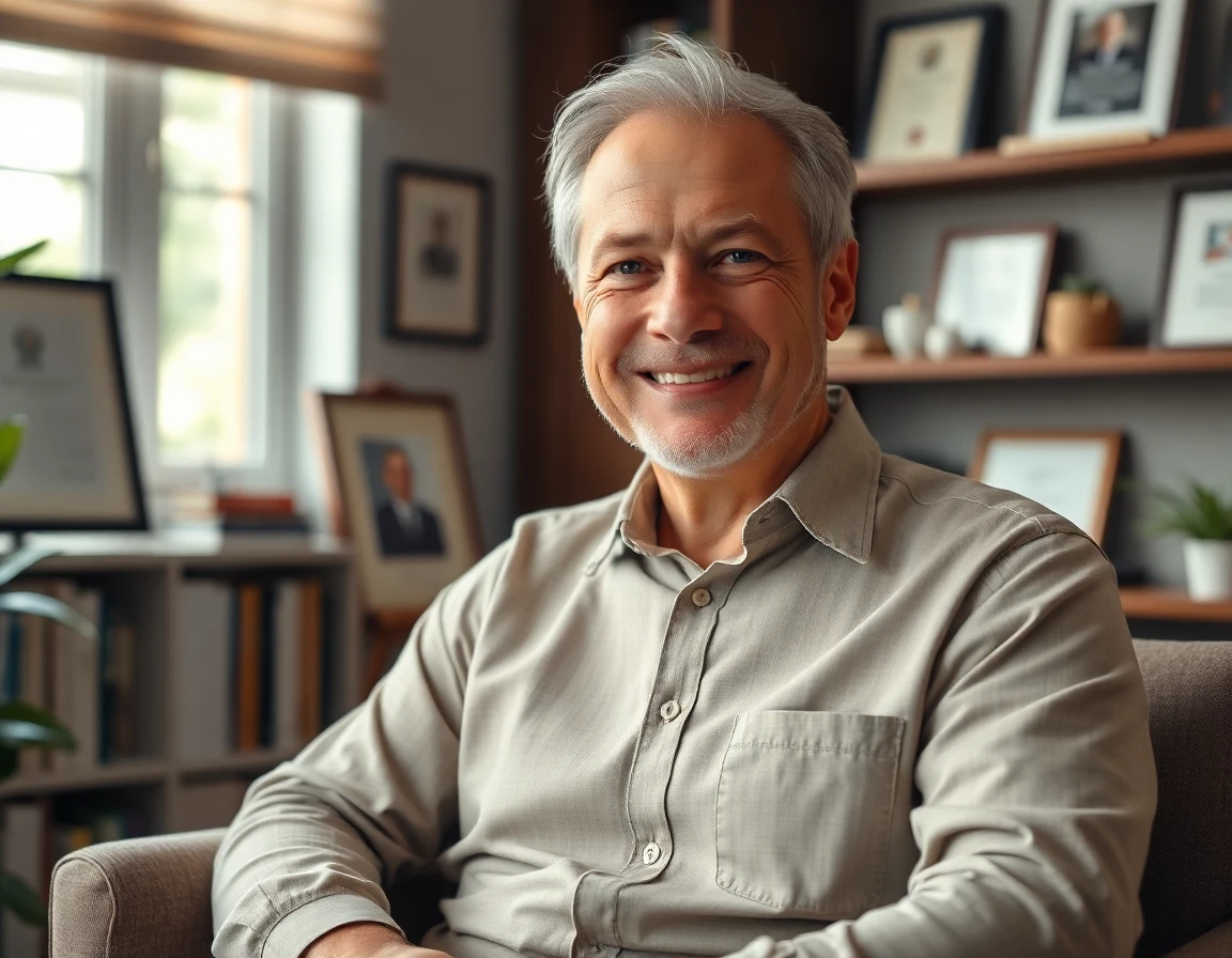 friendly middle-aged man in cozy office for client testimonial