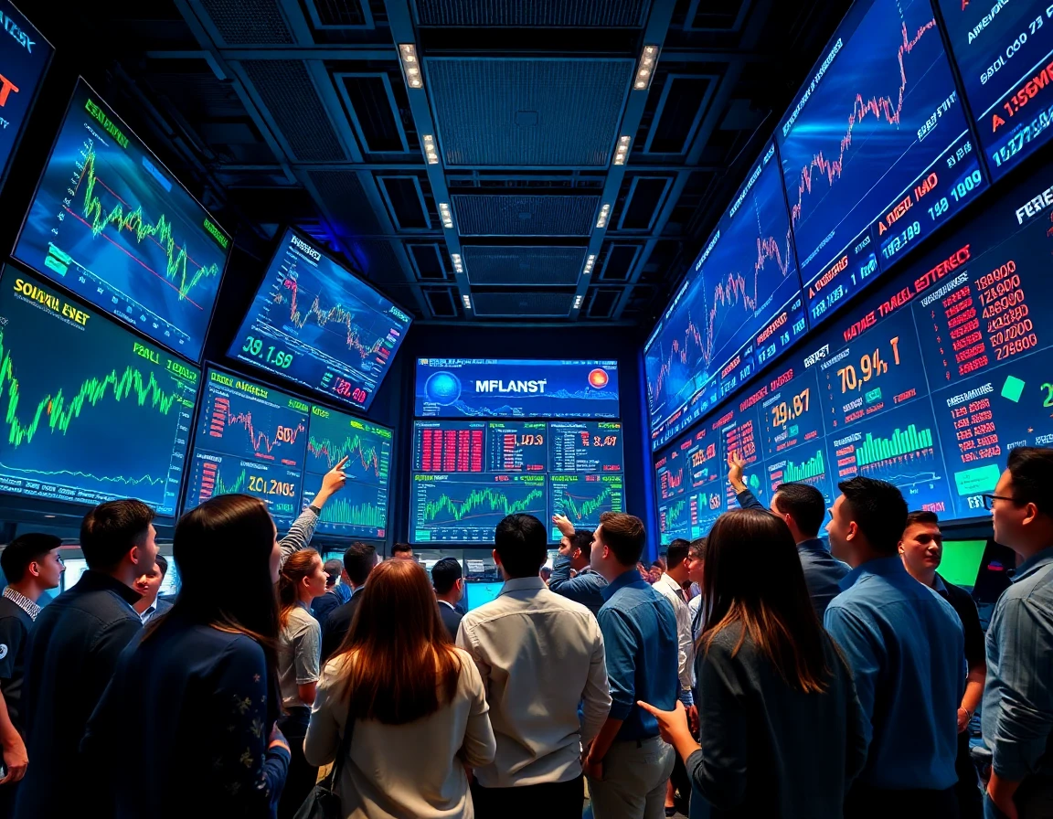diverse financial team collaborating on trading floor with digital screens