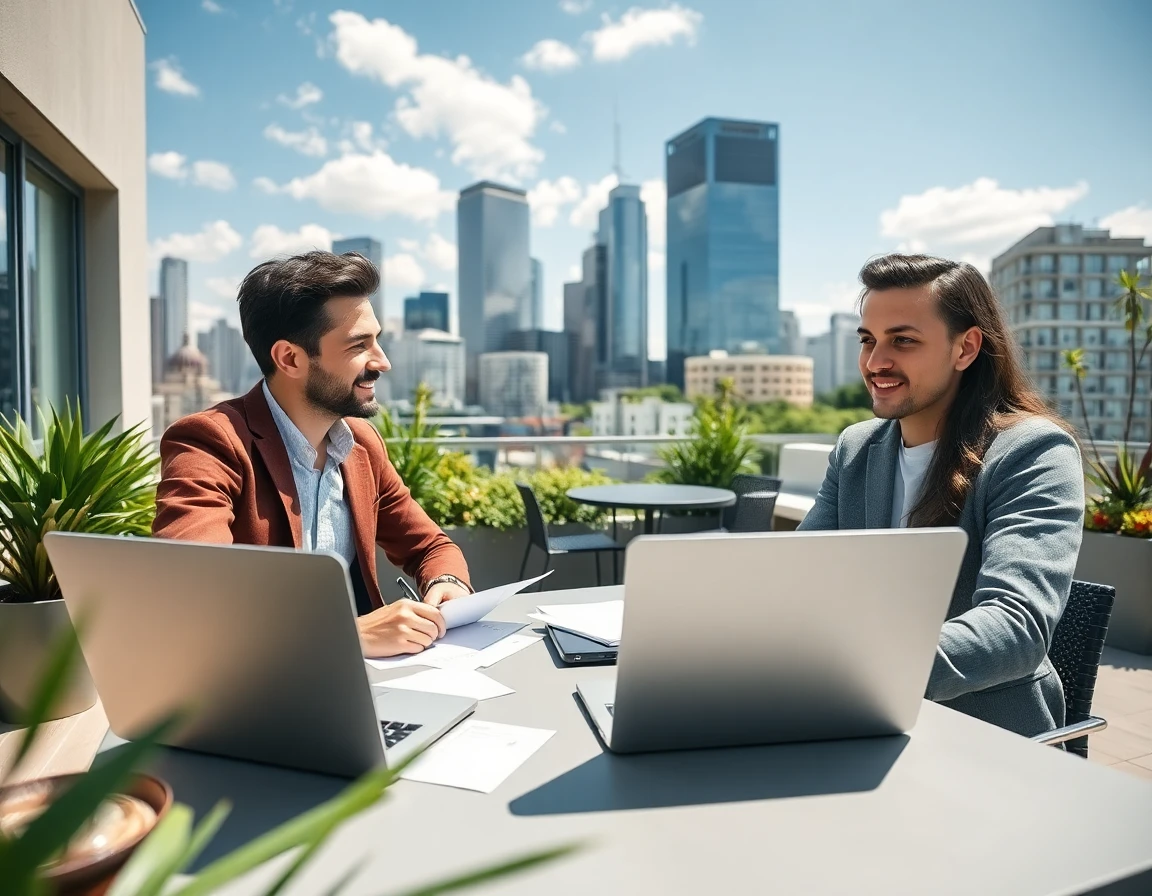 Young professionals discussing finance on urban terrace with city skyline