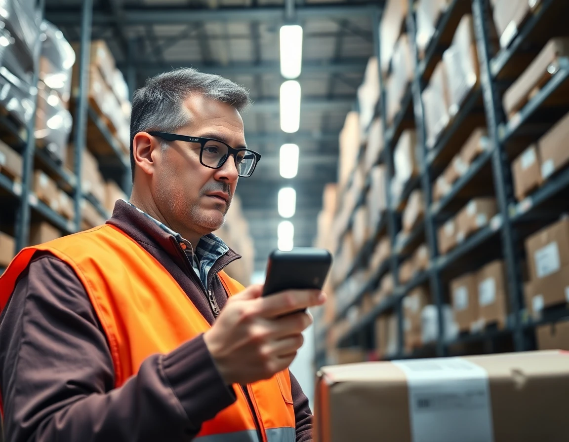 Warehouse worker scanning package barcode in organized storage area