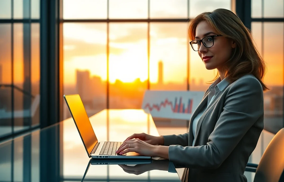 Modern digital workspace with a professional woman working on financial charts at sunset