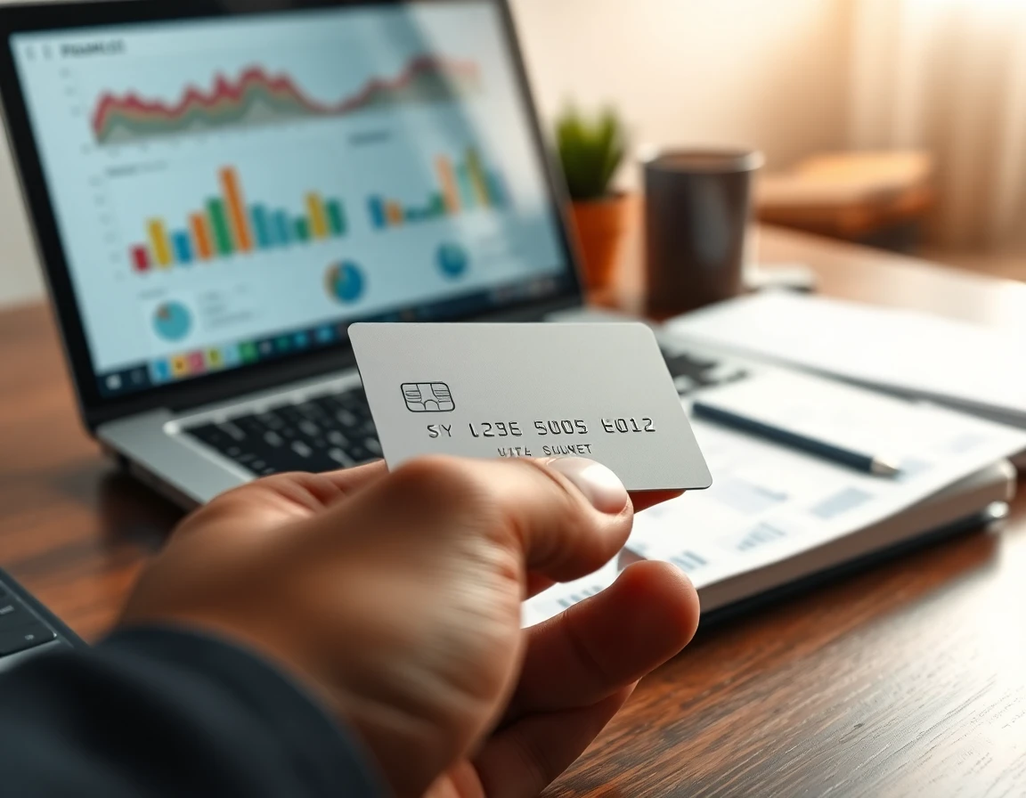 Close-up of white-label credit card on wooden desk with digital financial tools