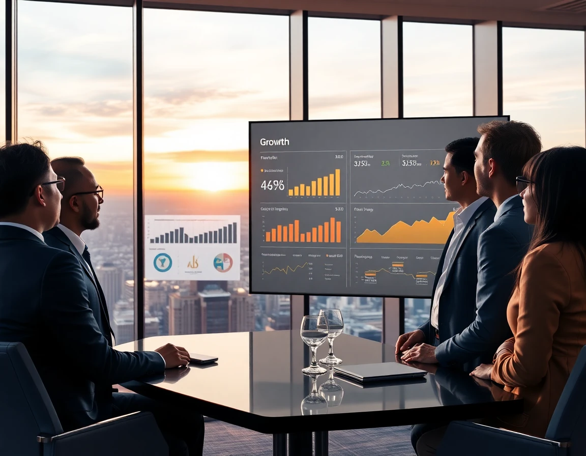 Business executives analyzing white-label financial metrics in high-rise conference room