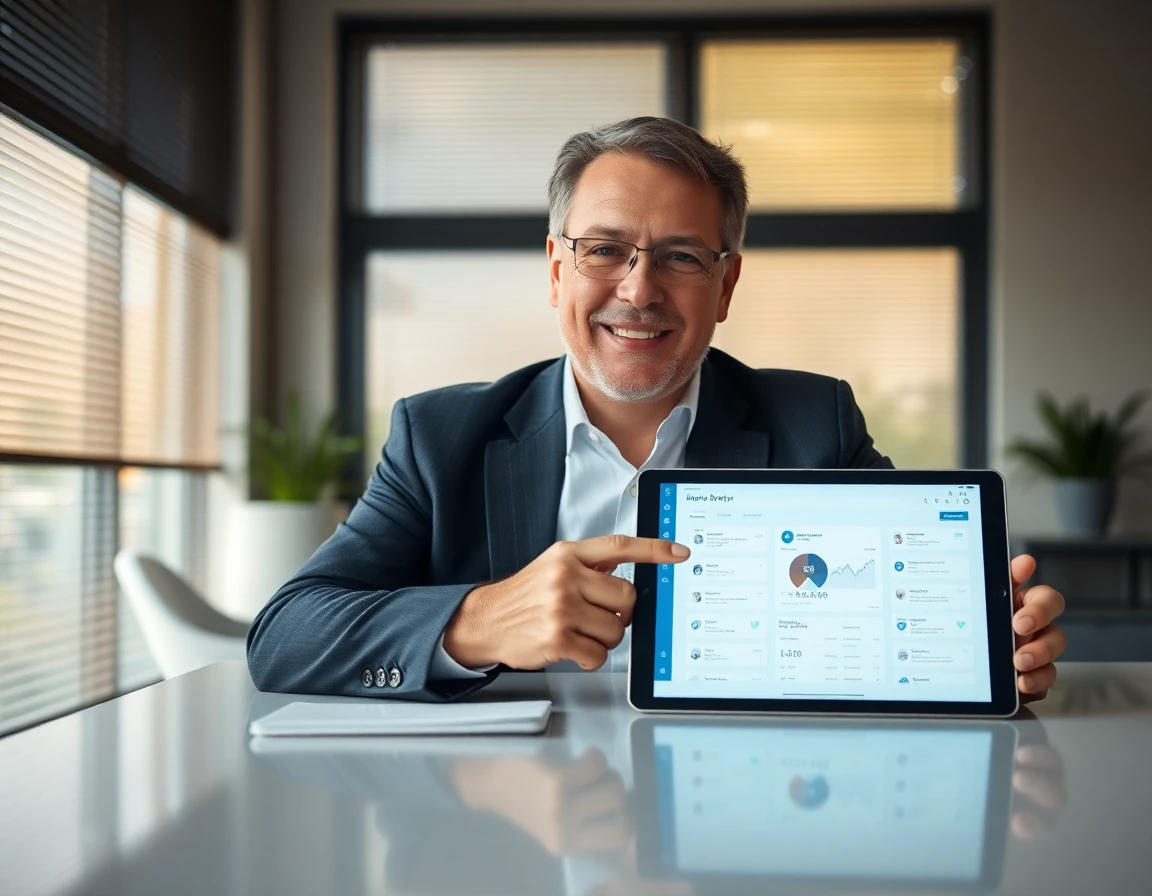 Financial advisor demonstrating white-label platform on tablet in modern office