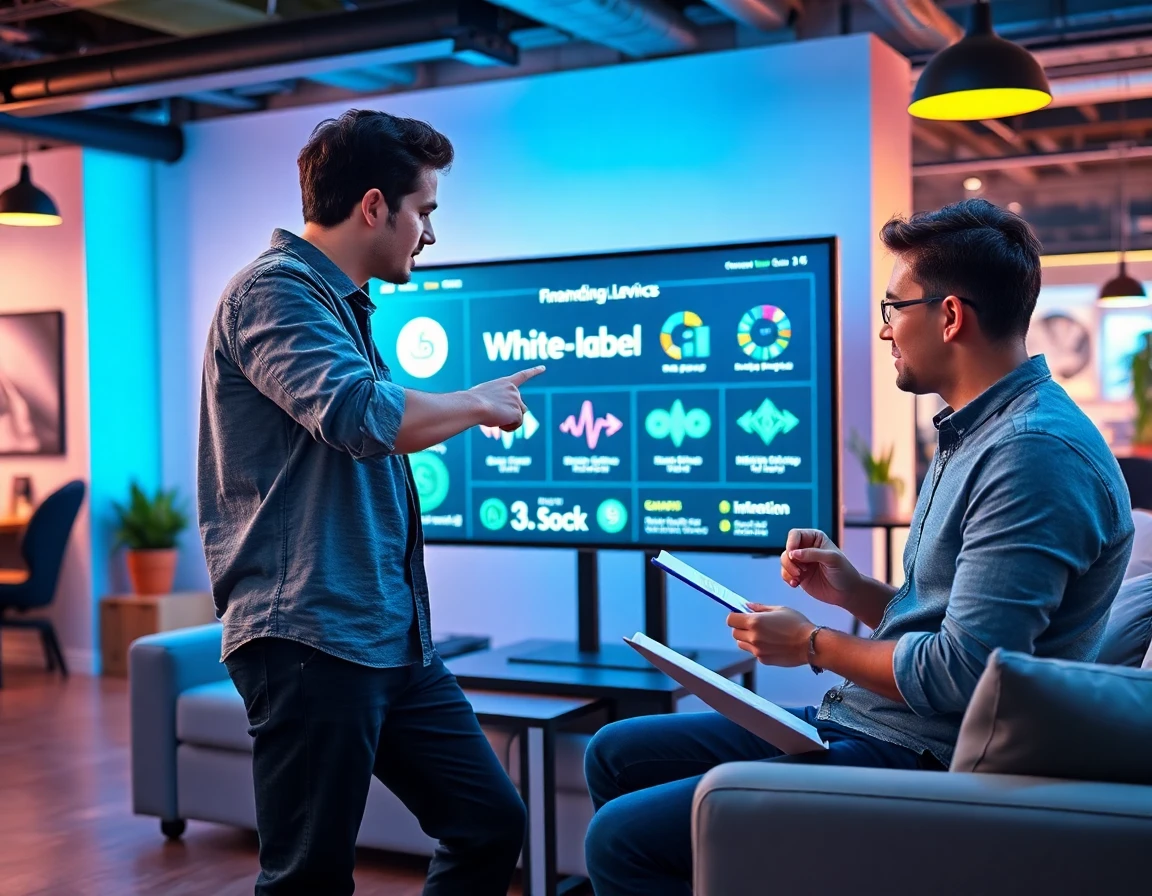 Team collaborating over digital branding interface in tech startup office