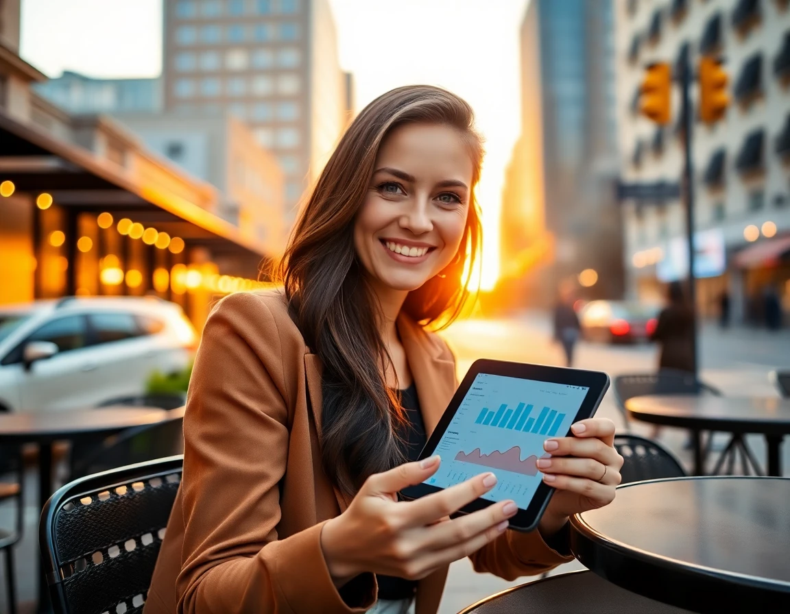 Young woman using financial apps on tablet outdoors during golden hour