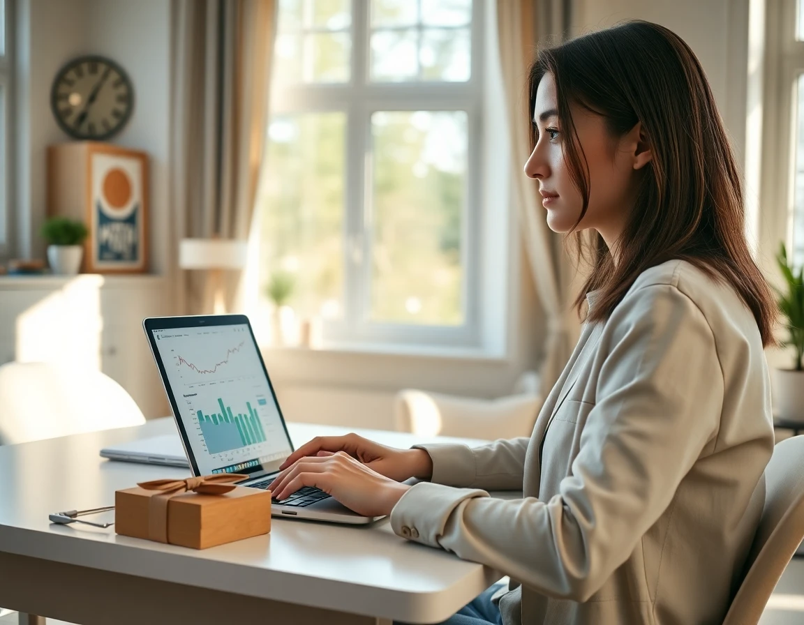 Young woman analyzing financial data on laptop in bright home office