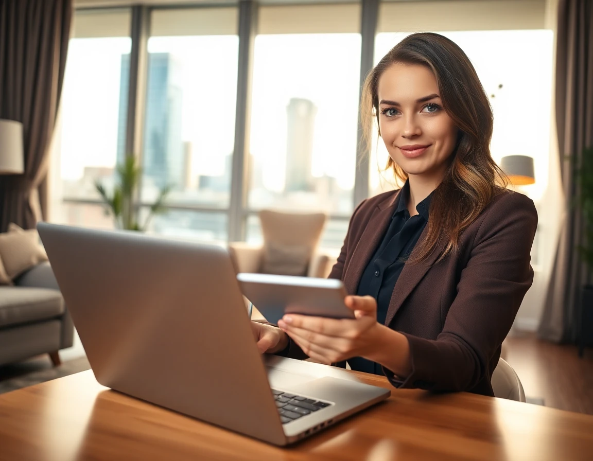 woman managing personal finance on laptop in bright modern office