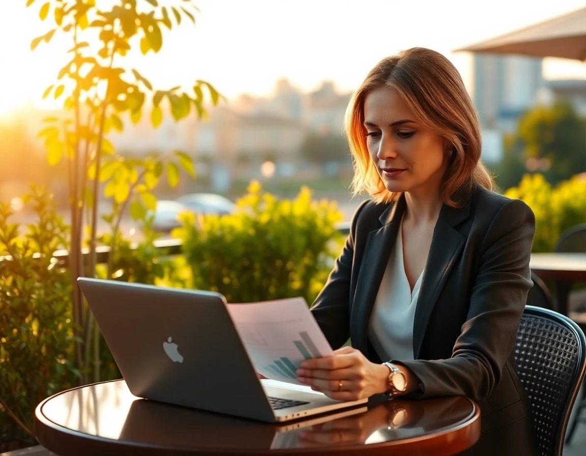 Serene woman reviewing financial reports outdoors at café during golden hour