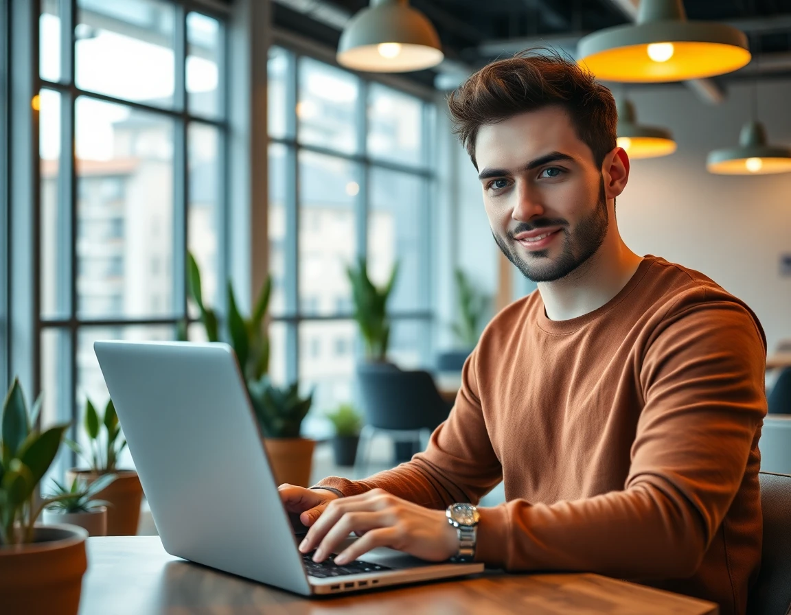 young male entrepreneur working on laptop in modern co-working space