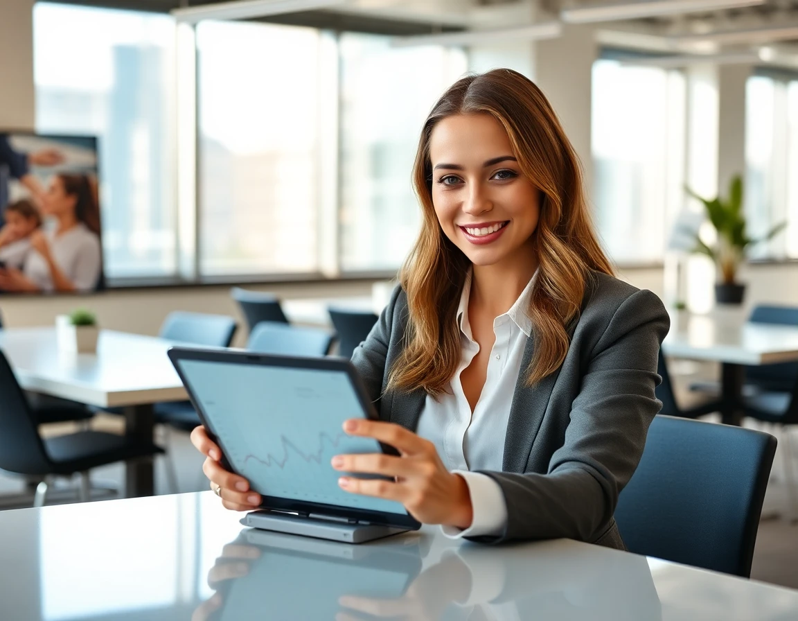 Young professional woman analyzing financial data on tablet in bright coworking space